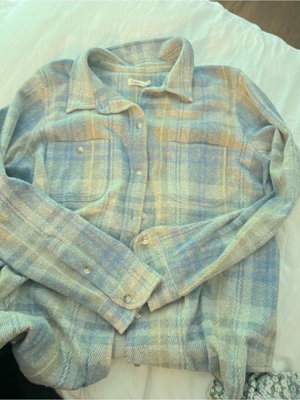 Fahrety Plaid Button-Up Shirt Jacket in Light Blue and Beige